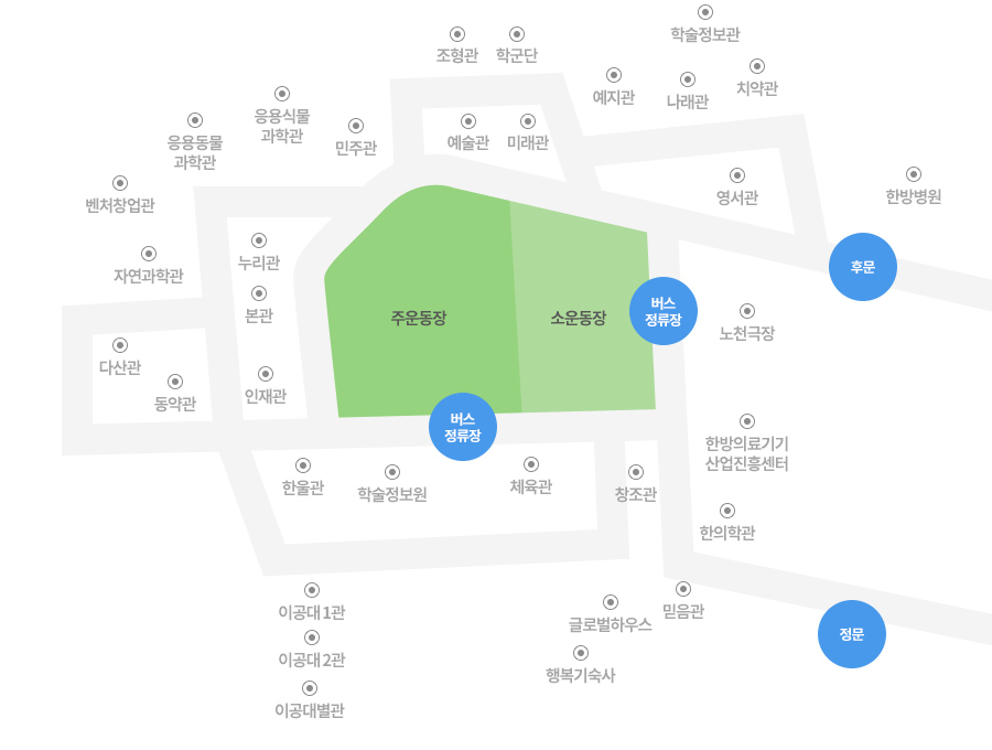 상지대 교내약도입니다 서쪽 위쪽부터 아래쪽방향으로 응용동물과학관, 응용식물과학관, 민주관, 예술관, 미래관, 조형관, 학군단, 벤처창업관, 자연과학관, 대학원관, 다산관, 동약관, 본관, 인재관, 한울관, 학술정보원, 이공대1관, 이공대2관, 이공대별관이있고 가운데 주운동장과 소운동장이 있습니다. 동쪽위쪽 부터 아래쪽방향으로 학술정보관, 예지관, 나래관, 치약관, 영서관, 노천극장, 한방의료기기산업진흥센터, 체육관, 창조관, 한의학관, 맑음관, 믿음관이 있습니다. 정문은 동쪽 아래 후문은 동쪽 위에 있습니다. 버스정류장은 주운동장 남쪽에 소운동장 동쪽애 위치해있습니다.