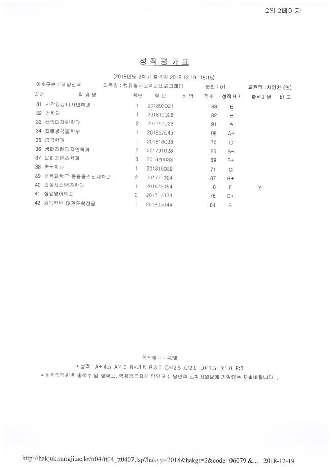 2018-2학기 차영환교수님 성적확인 [컴퓨팅사고력과프로그래밍] 3